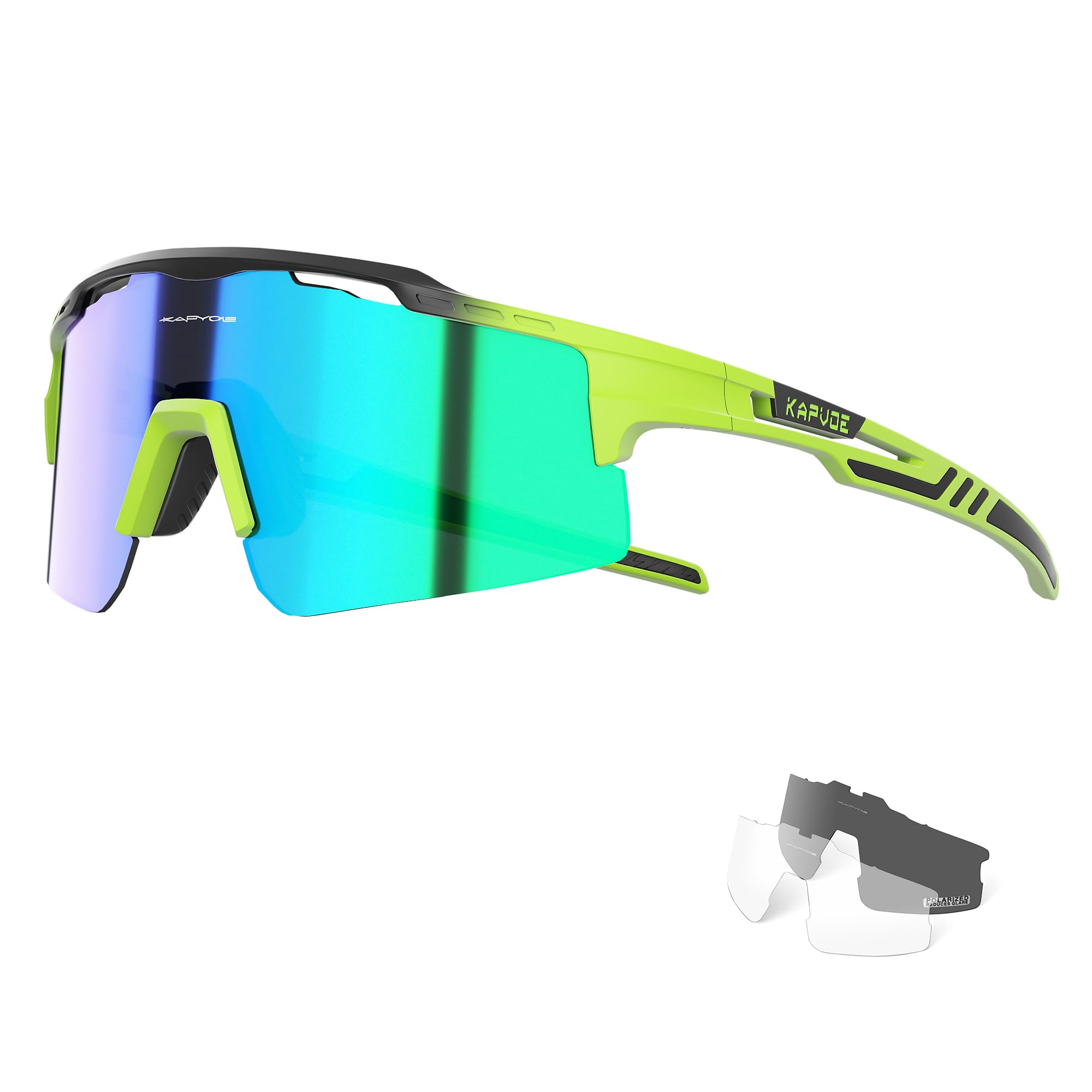 KAPVOE Polarized Cycling Glasses - 3 Interchangeable Lenses, Mountain Bike Sunglasses for Men and Women, Ideal for MTB, Bicycle Riding, Running, Ski, Fishing, Driving 10 Green Black