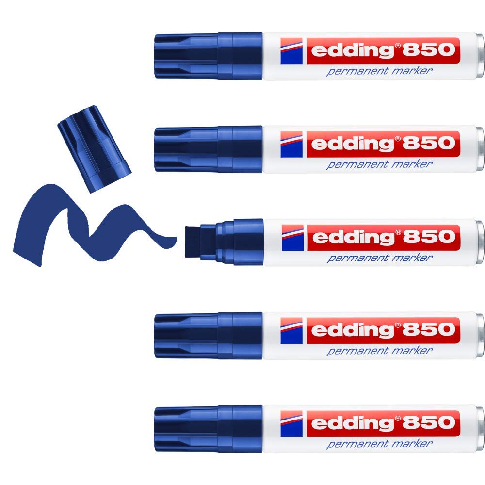 edding 850 permanent marker - blue - 5 pens - chisel tip 5-15 mm - for bold markings -waterproof, quick-drying, smear-proof pens - for cardboard, plastic, glass, wood, metal and fabric