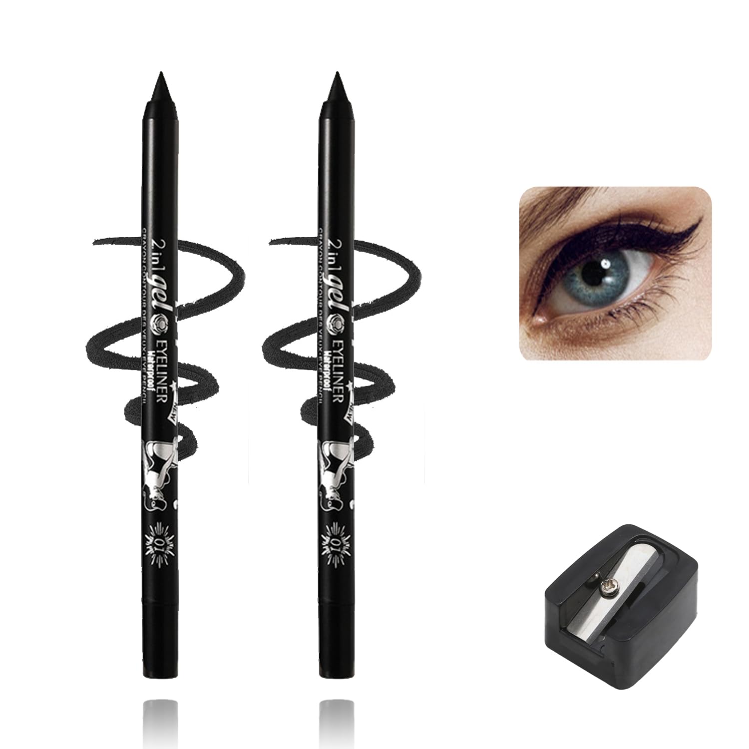 2PC Black Gel Eyeliner Pencil Set, Waterproof and Smudge-Resistant Long-Lasting Eye Liner Pen, Waterline Eye Liners with Sharpener for Precise Eye Makeup