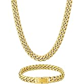 KRKC&CO Mens Hip Hop Jewelry Set, 8mm/10mm/12mm 18k Cuban Link Curb Chains and Bracelets, Solid No Tarnish Necklace, Durable Street-wear Hip Hop Chains for Men