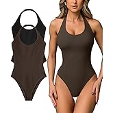 OQQ Women Halter Neck Bodysuits 2 Pack Sleeveless Shapewear One Piece Leotard Shirt Going Out Tops