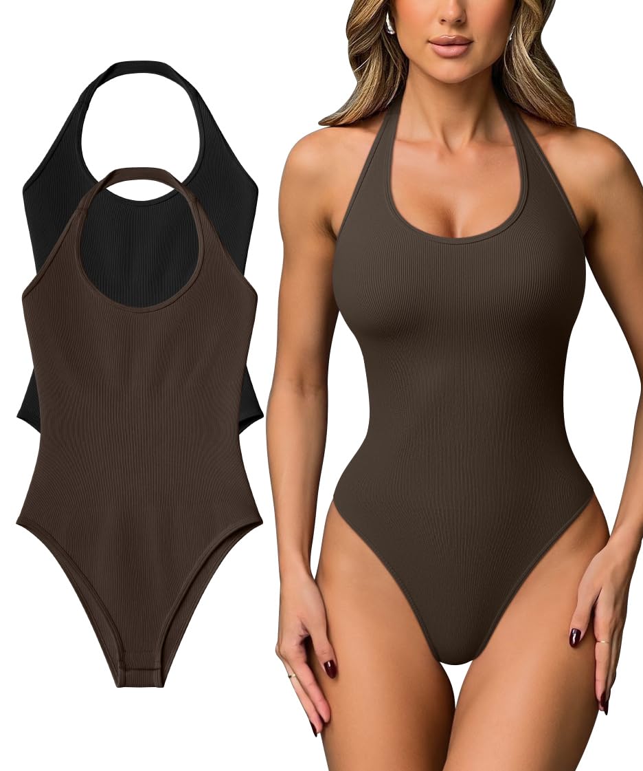 Photo 1 of OQQ Women Halter Neck Bodysuits 2 Pack Sleeveless Shapewear One Piece Leotard Shirt Going Out Tops Black Darkbrown