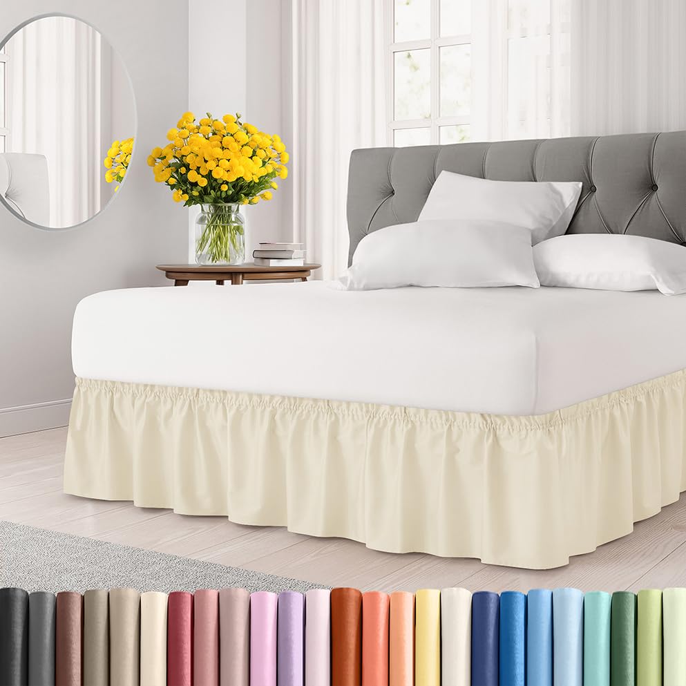 Photo 1 of Wrap Around Dust Ruffle Bed Skirt - Off White - for King Size Beds w/ 12 Inch Drop - Easy Fit Elastic Strap