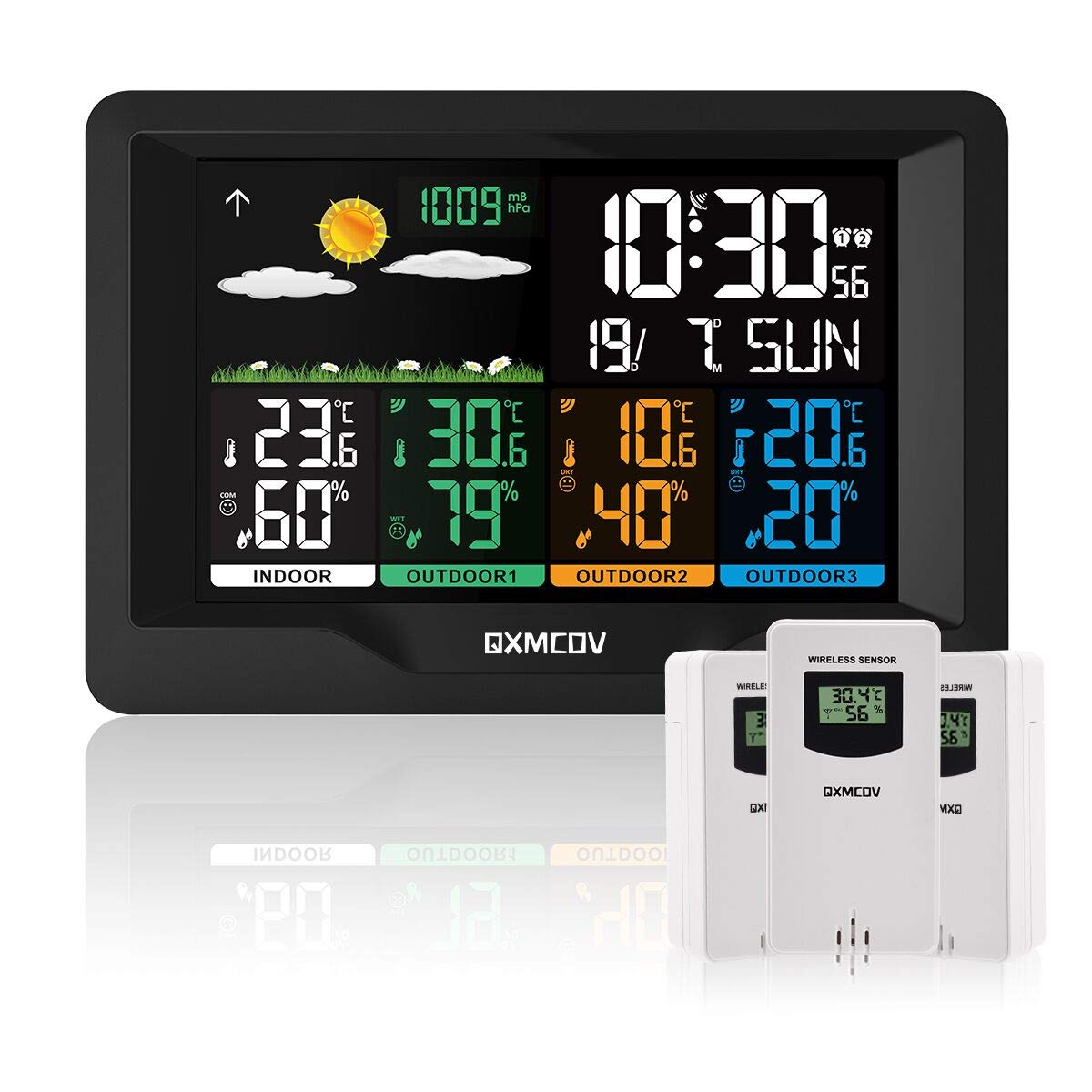 Qxmcov Weather Station Wireless with 3 Sensors, Digital Large LCD Screen Thermometer, Weather Station with Weather Forecast, Temperature, Humidity, Alarm Clock