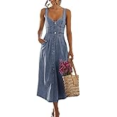 ebossy Stretchy Smocked Denim Dress for Women Sleeveless Babydoll Button Down Midi Long Jean Dresses