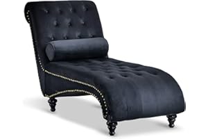 Paddie Velvet Button-Tufted Chaise Lounge Chair Indoor Leisure Sofa Couch w/Bolster Pillow, Nailhead Trim and Turned Legs for Indoor Living Room (Black)