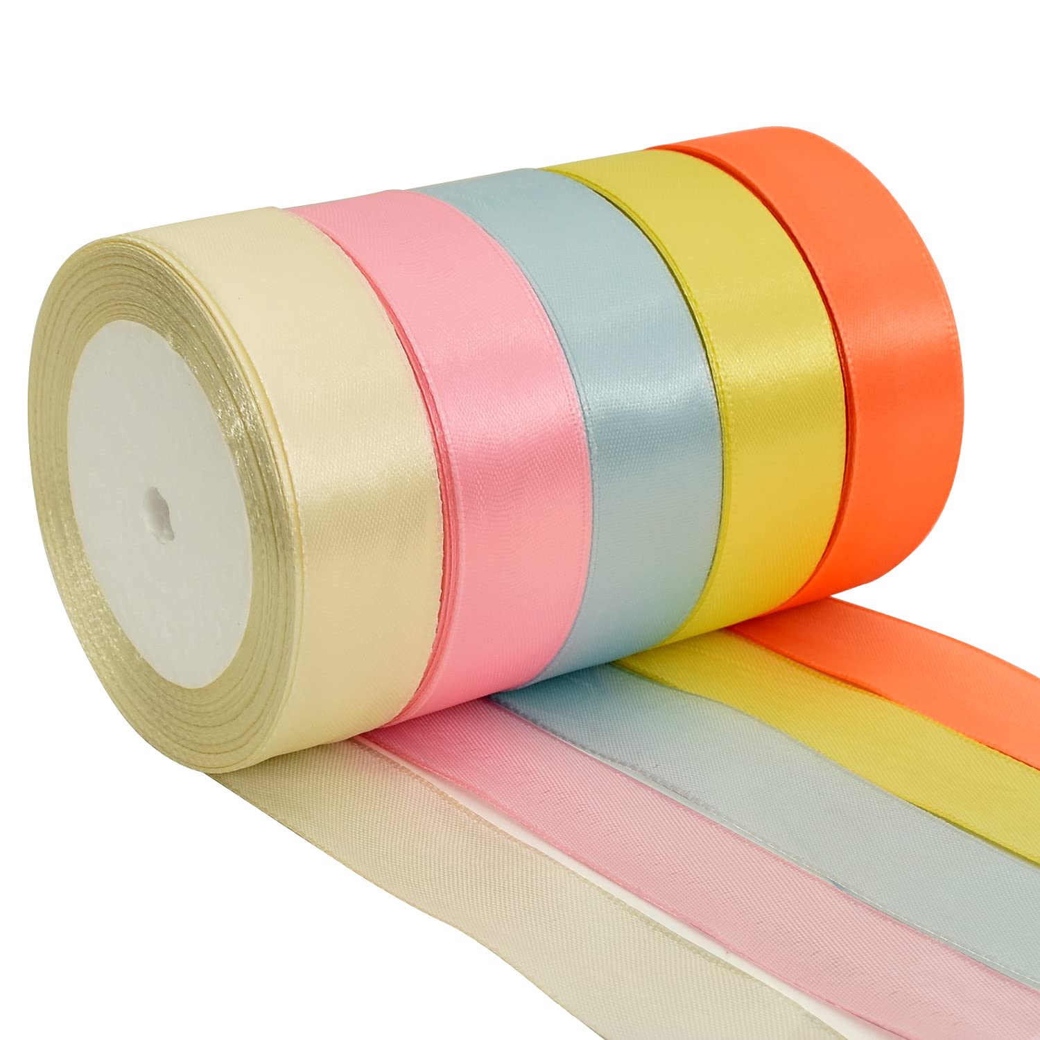 TONIFUL 1 Inch x 125 Yards 5 Colors Satin Ribbon Rolls, Light Rainbow Candy Macaron Color Fabric Ribbon for Gift Wrapping Embellish Wedding Birthday Party Decoration Bow Making Floral Craft Sewing