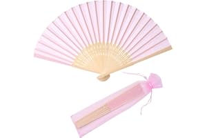 SL crafts 24pcs Imitated Silk Hand Fan Imitated Silk Fabric Bamboo Handheld Folded Fan Bridal Dancing Props Church Wedding Party Favors with Organza Bags (Pink)