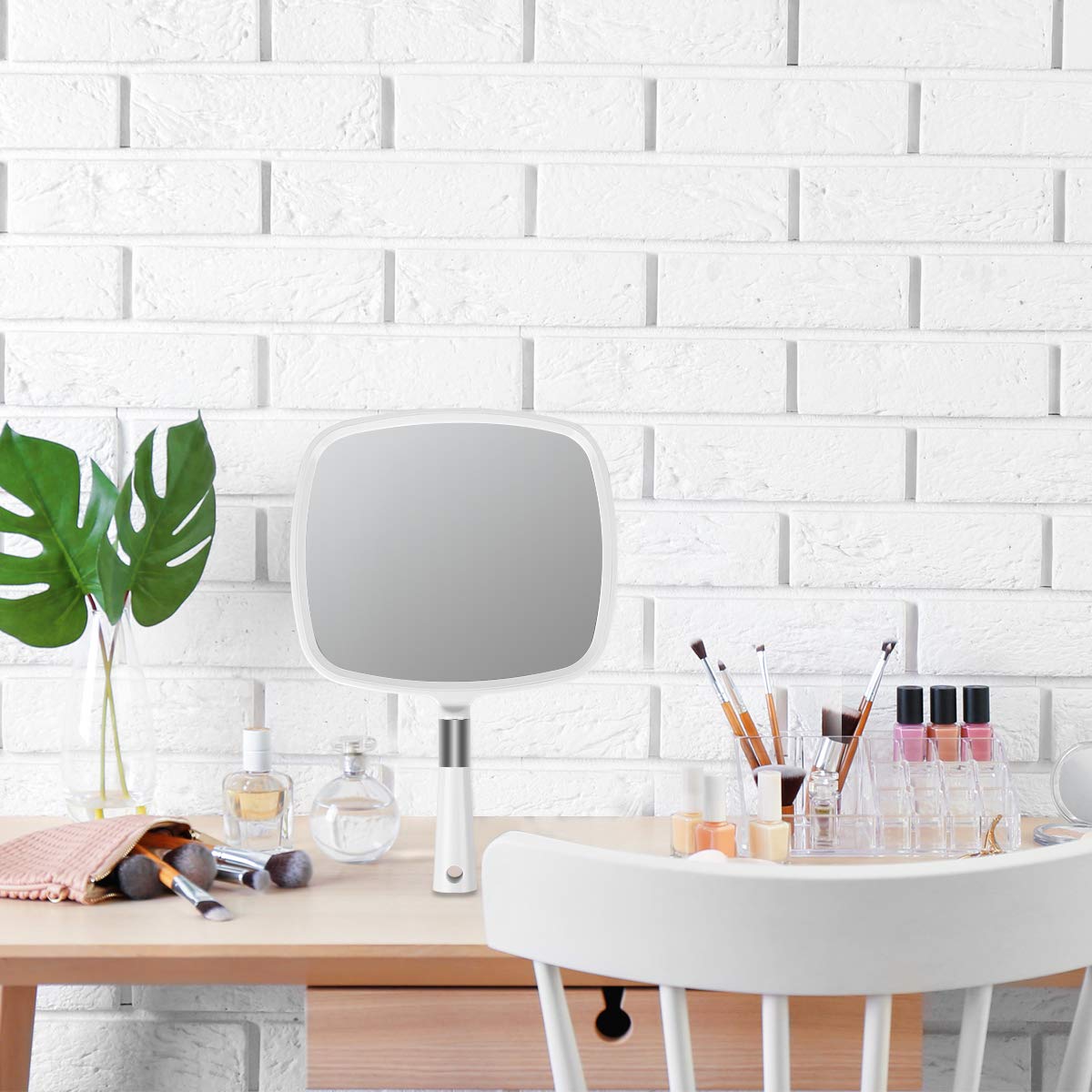 Snowflakes Large Hand Mirror with Handle-Hang Handheld Mirror Hairdresser Mirror.(White)