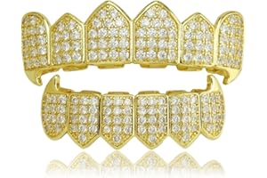 IUODEN Iced Out Diamond Teeth Grillz for Men Women, Hip Hop Silver Gold Grills for your teeth Top and Bottom, Rapper Costume Mouth Grillz with Silicone Molding Bars