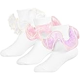 WBZOTSS Girls Ruffle Socks, 3 Pairs White Pearls Lace Frilly Dress Socks, Big Turn Cuff Fancy Pageant Sock for Toddler 1-10