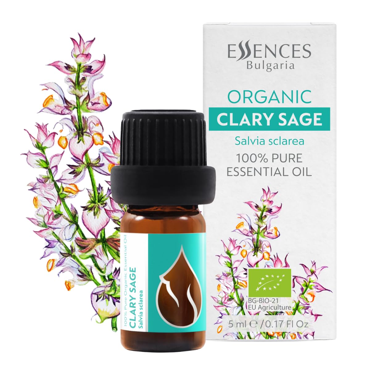 Essences Bulgaria Organic Clary Sage Essential Oil 5ml | Salvia sclarea | 100% Pure and Natural | Undiluted | Therapeutic Grade | Family Owned Farm | Steam-Distilled | Non-GMO | Vegan