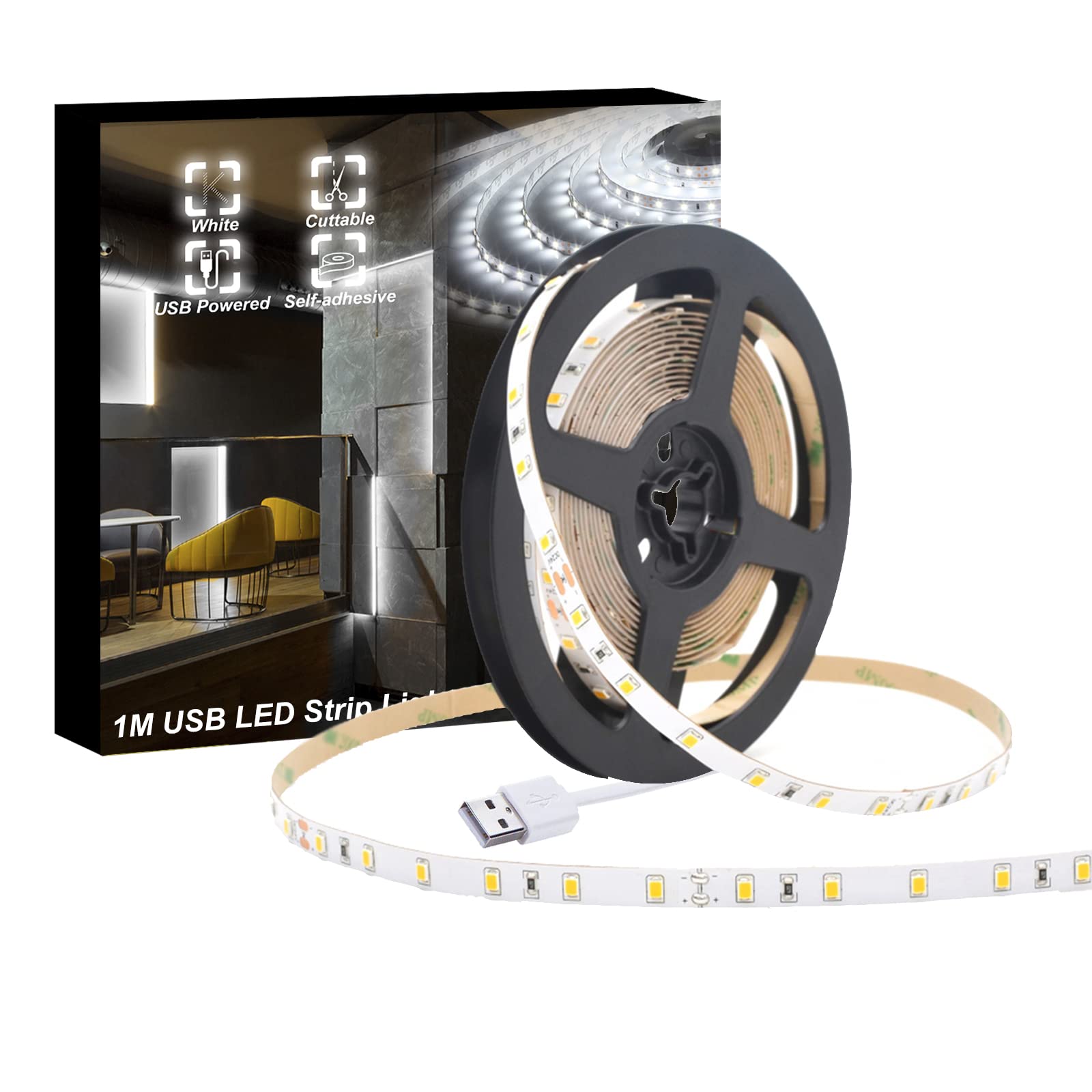WOWLED LED Strip Lights, 3.3ft USB White LED Strip Light, Pulg & Play, 3.3ft TV Backlights for Bedroom, Kitchen, DIY, Decor Super Bright LED Rope Lights