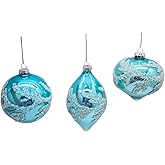 Glittery Blue Glass Coral Christmas Ornaments, Set of 3