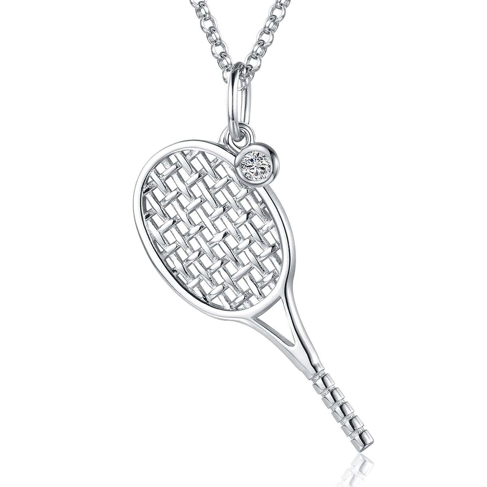 Saida Tennis Racket Necklace for Women - 925 Sterling Silver Tennis Ball Racquet Sport Themed Pendant Jewelry Gift for Tennis Players Lovers Coach, grey, Silver, No Gemstone