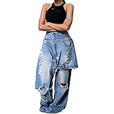 YOOTIKO Womens High Waisted Ripped Jeans Distressed Straight Leg Denim Pants Trendy Stacked Patchwork Jeans