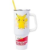Silver Buffalo Pokémon Double Walled Stainless Steel Tumbler with Handle Featuring Pikachu, Fits in Standard Cup Holder, 40 Ounces