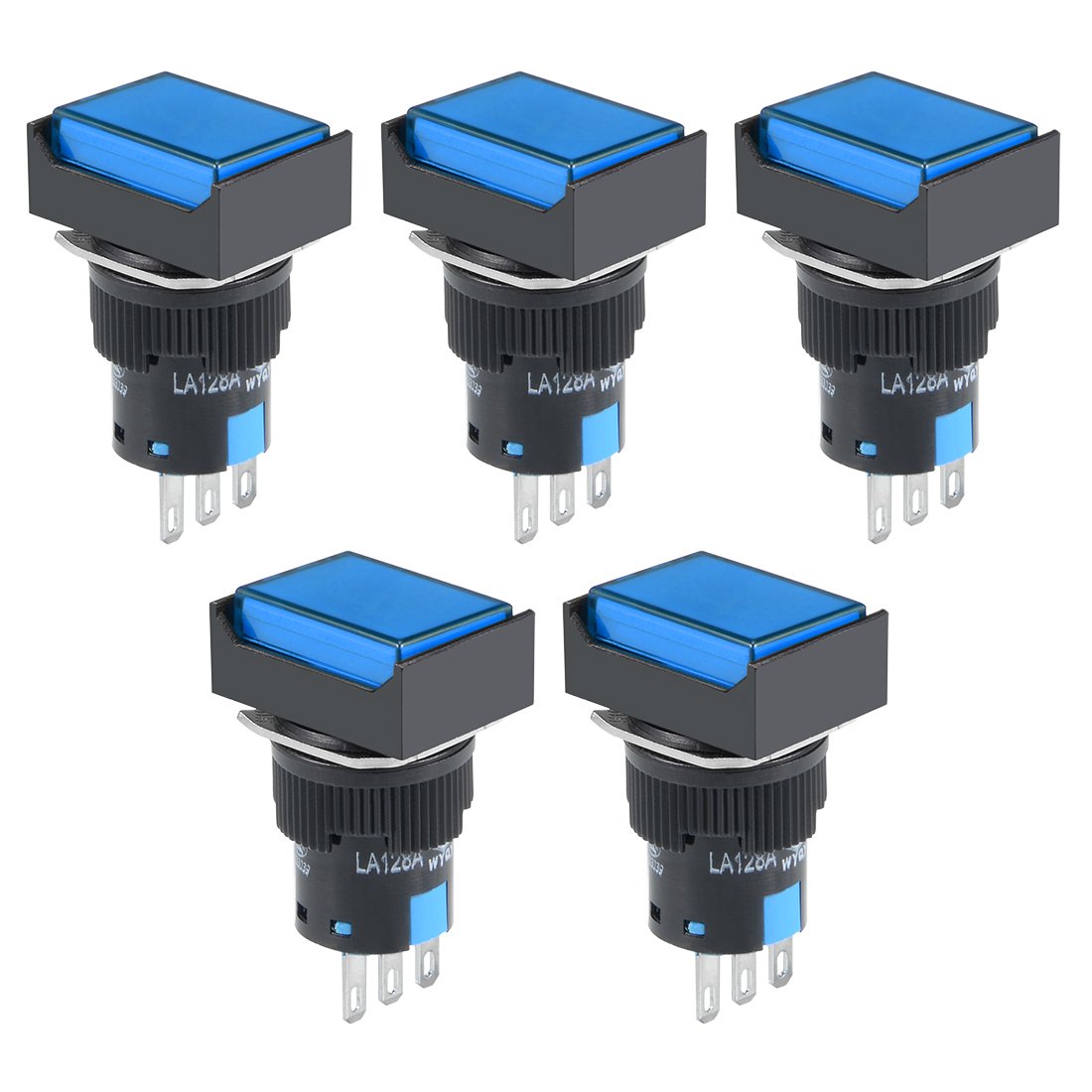 Sourcingmap 5Pcs 16mm Latching Push Button Switch Blue Square Button SPDT 1 No 1 NC