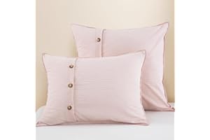 DAUAOTO Standard Size Pillowcases Button Closure, Washed Cotton Shams 2 Pieces Set 20"x26", Reverse to Yarn-Dyed Stripe, Pink