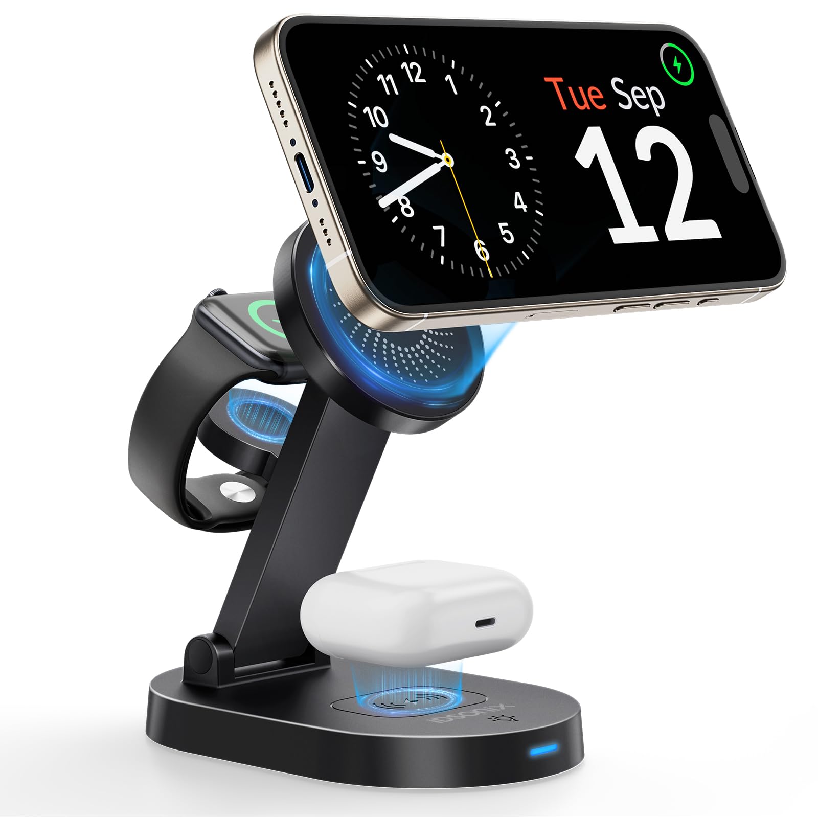 iDsonix 3 in 1 Wireless Charging Station for iPhone Magnetic Series, Foldable Wireless Charger Stand for iPhone 17/16/15/14/13/12/11/XR/XS, Watch Ultra 8/7/6/5/4/3/2/SE and AirPods Pro 3 2 Apple Watch