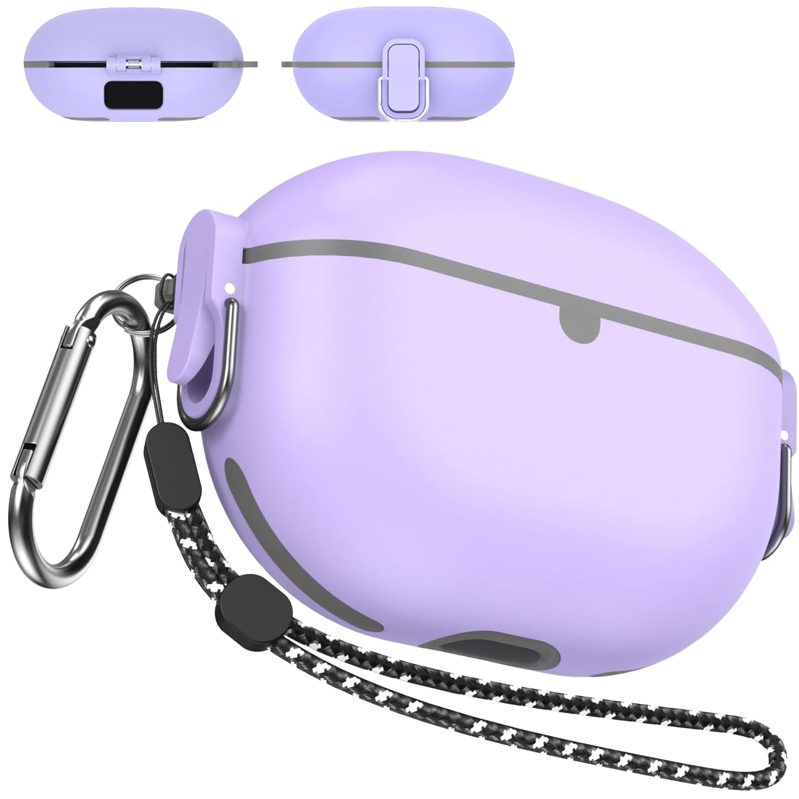 Miimall Compatible with Beats Studio Buds + /Beats Studio Buds Case, [Secure Metal Lock Switch] [Carabiner] [Lanyard] Silicone Shockproof Anti-scratch Protective Cover for Beats Studio Buds (Purple)