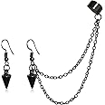ANDPAI Unique Lightweight Black Silver Punk Long Tassel Chain Ear Cuff Earrings 316L Stainless Steel Vintage Barrel Nails Crawler Climer Dangle Drop Stud Earrings for Men Women Unisex