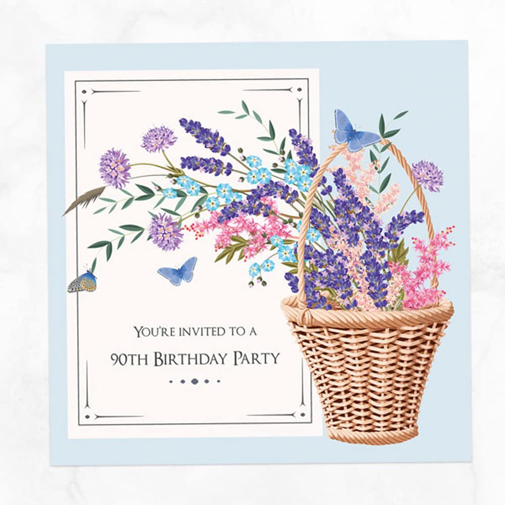 Dotty about Paper 90th Birthday Invitations - Flower Basket - Pack of 10. Cute, Modern, Whimsical, Fun, Celebration, Party, Friends, Family, Happy, Envelopes Included (3050)