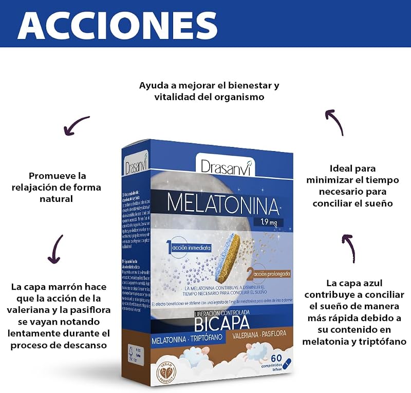 Melatonina Bicapa de 1,9 mg con Triptófano, Pasiflora y Valeriana | Doble Acción |Contribuye a Conciliar el Sueño de manera rápida y a una Relajación Natural | Envase 60 comp. = 60 Días