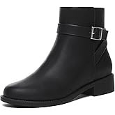 Athlefit Women's Ankle Boots Chunky Low Heel Fashion Round Toe Buckle leather Booties