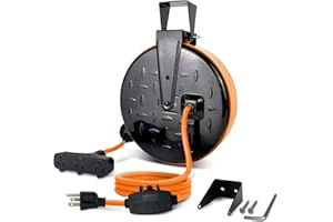 GREATIDE 30 Ft Retractable Extension Cord Reel, 16/3 SJTW Power Cord with 3 Electrical Outlets and 10 Amp Circuit Breaker, Ceiling or Wall Mount, Metal Plate, UL Listed, Orange