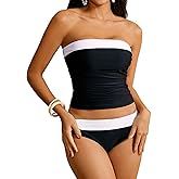 WDIRARA Women's 2 Piece Color Block Tankini Set Bandeau Strapless Ruched Bathing Swimsuit