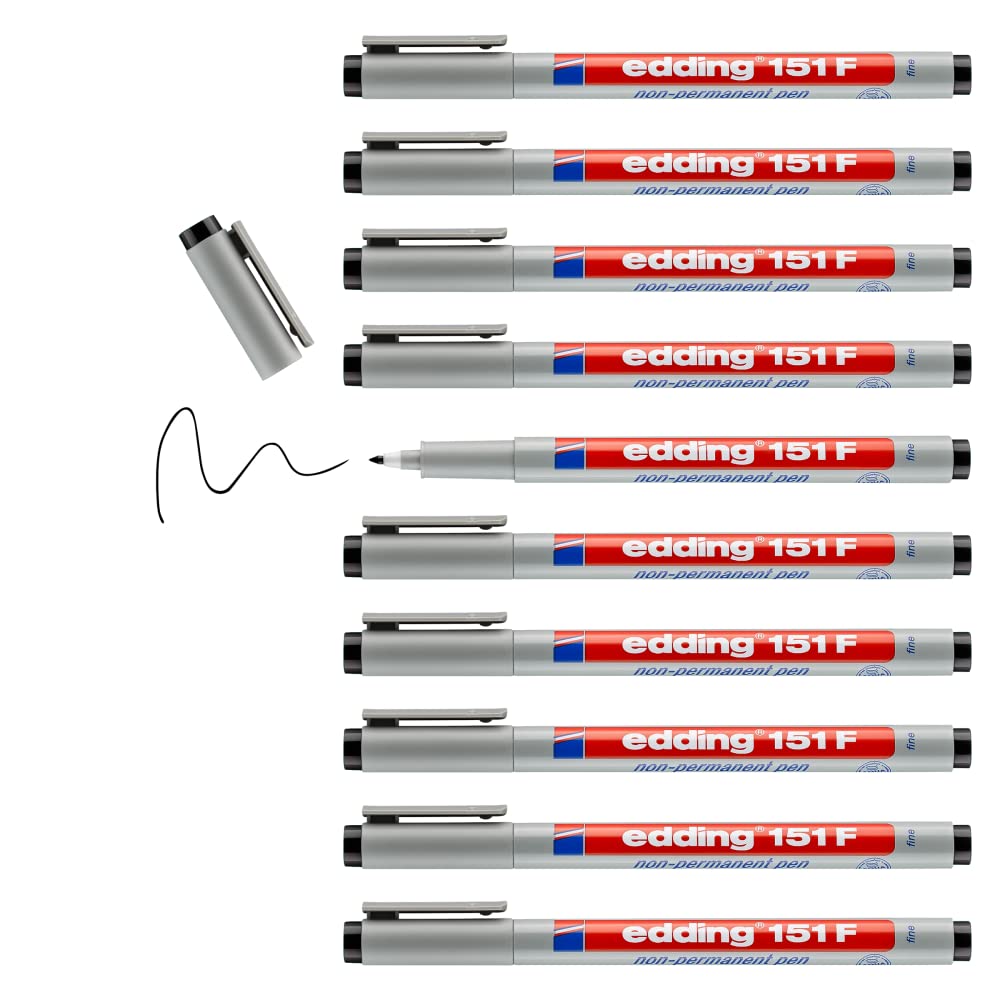 edding 151 F non-permanent pen - black - 10 pens - round nib 0.6 mm - pen for writing on glass, plastic, foils and smooth surfaces - quick-drying, can be corrected with water