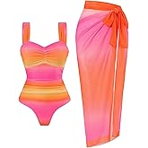 OYOANGLE Women's Ombre One Piece Swimsuit with Cover Up Knot Side Beach Long Skirts Swimwear