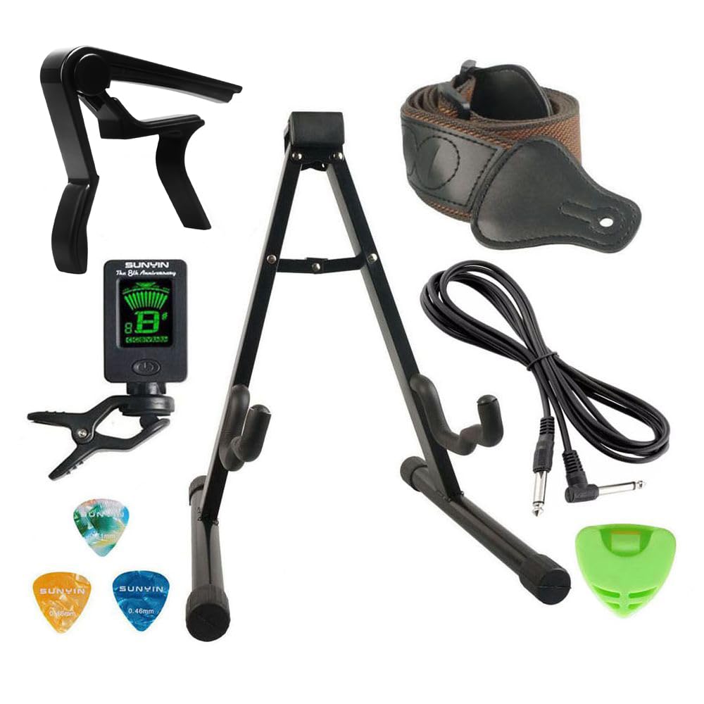 SUNYIN Guitar Stand Accesssories Kit Begineer Guitar Accessories Set A-Frame Electric Acoustic Guitar Stand 10-Feet Guitar Cord Guitar Strap Guitar Capo Guitar Tuner Guitar Picks