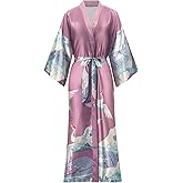 BestWendding Women's Satin Kimono Robes Floral Patterned Long Bathrobe Silky Dressing Gown Bridesmaid Robes with 2 Pockets