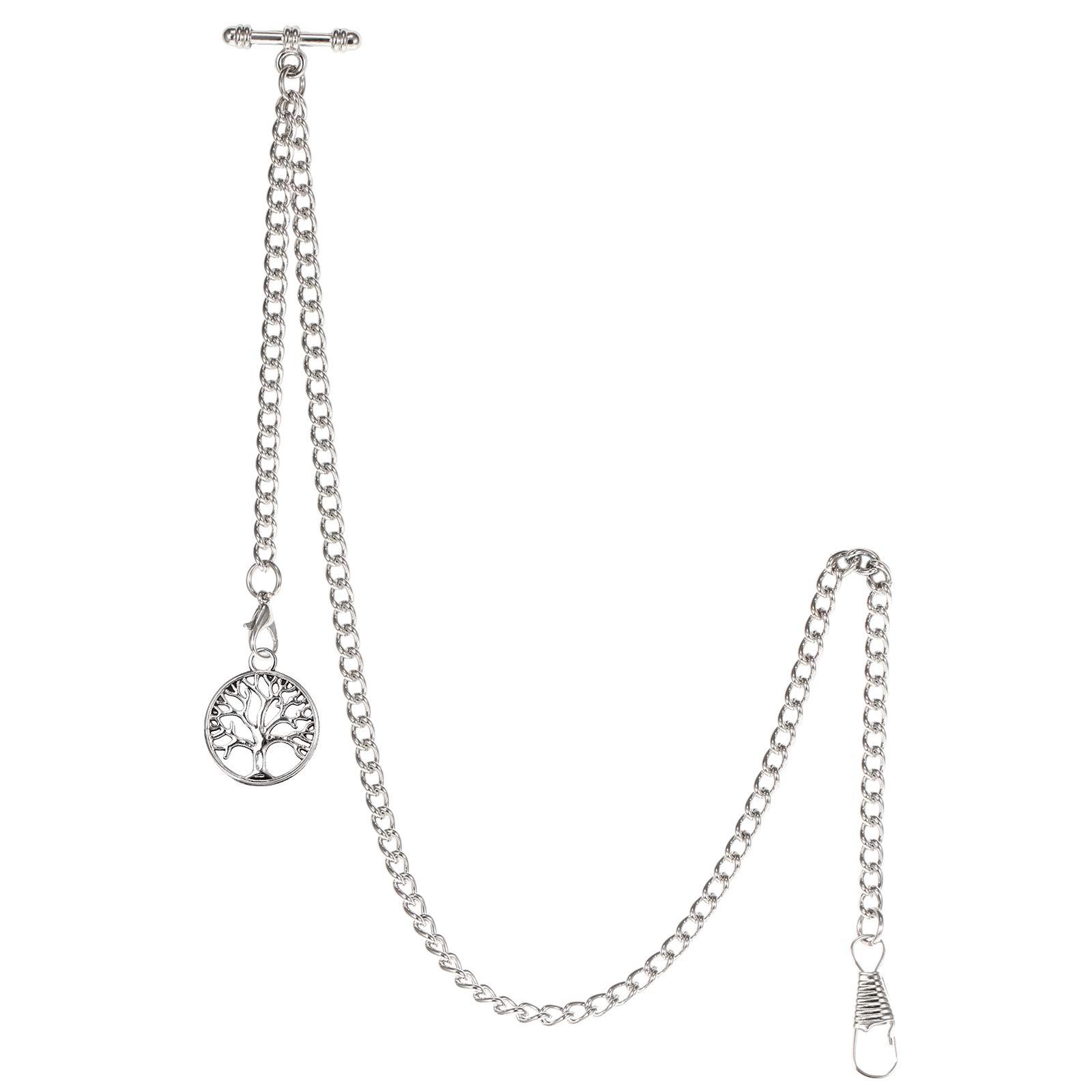TREEWETO Men's Albert Chain Pocket Watch Curb Link Key Chain 2 Hooks with Antique Life Tree Pendant Design Charm Fob T Bar