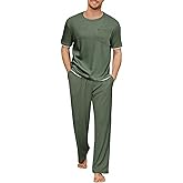 Andeip Mens Pajamas Set Waffle Crew Neck Loungewear Cozy Sleepwear Short Sleeve Top and Long Pants Pj Set with Pockets