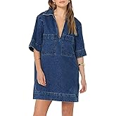 Fisoew Womens Denim Shirt Dress Summer Collared V Neck Mini Casual Jean Dresses with Pockets