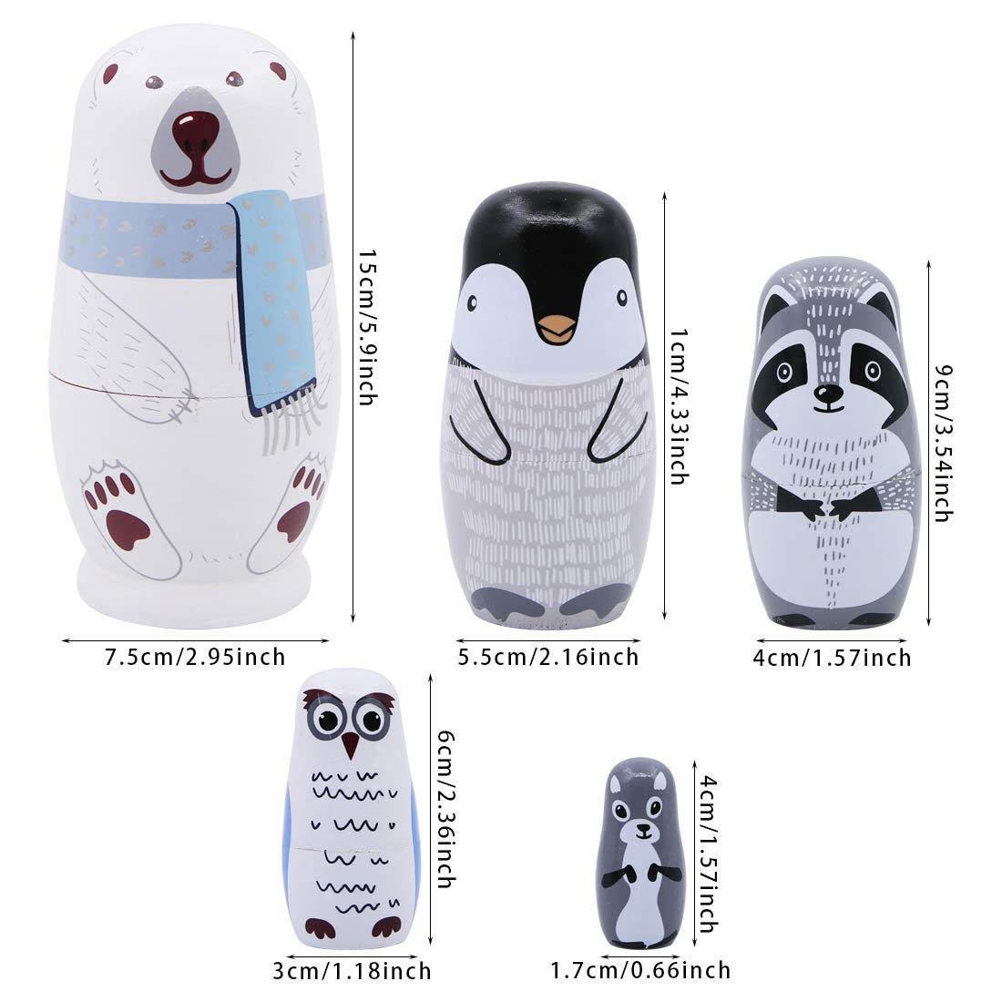 Winterworm 5 Piece Set Polar Bear Penguin Owl Matryoshka Nesting Dolls Stacking Toys Russian Dolls Home Decor New Year Birthday Party Decoration