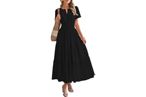 BTFBM Womens Summer 2025 Casual Midi Maxi Dresses Lightweight Short Sleeve V Neck Elastic Waist Boho Beach Dress Pockets