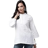 Ada Indian Hand Embroidered Latest Chikankari Women's Cotton Top Tunic Shirt Blouse A911233 White
