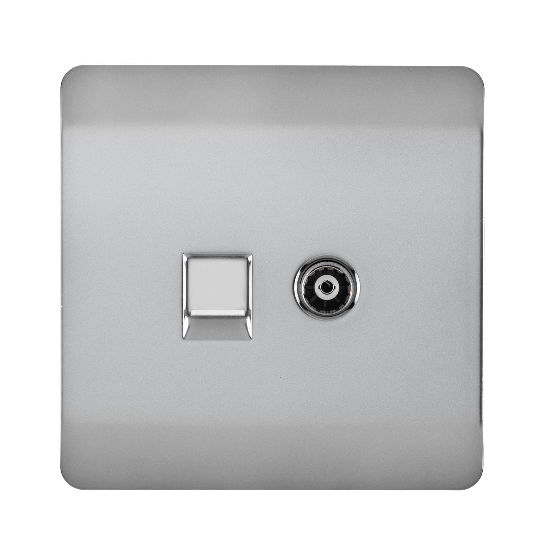 Trendi Modern Glossy Tactile TV Co-axial + RJ45 Cat 5e & Cat 6 PC Ethernet Socket Stainless Steel