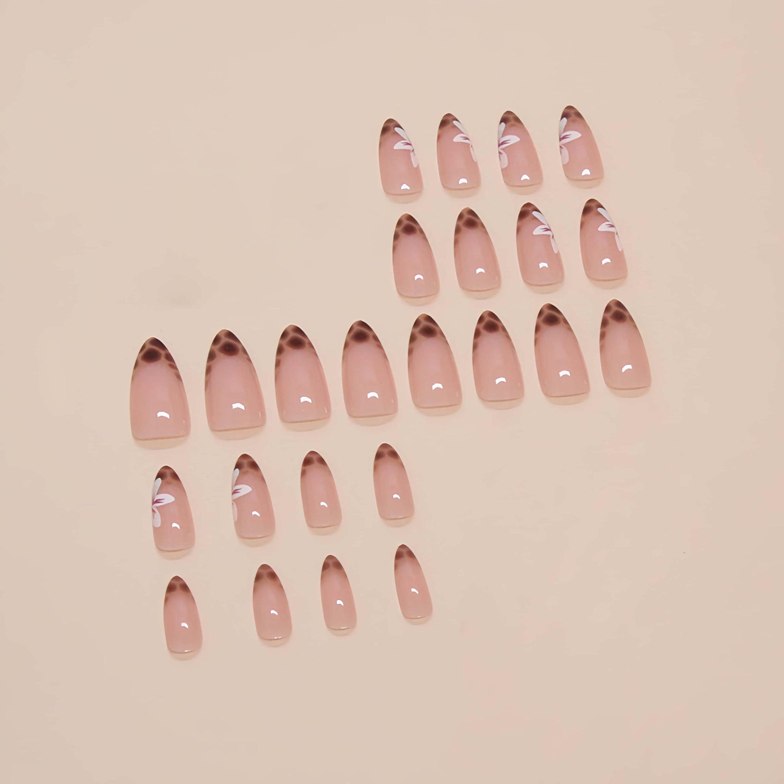 24Pcs French Tip Press on Nails Almond Fake Nails Leopard French Flower False Nails Medium Glue on Nails Glossy Acrylic Nails Reusable Stick on Nails Full Cover Nail Tips for Women Girls - Image 3