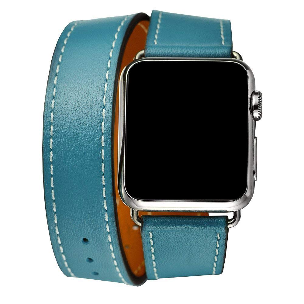 Fsavlroy Leather Strap,Compatible with Apple Watch Band 40mm 41mm 42mm,Genuine Leather Wristband for iwatch Series 11 10 9 8 7 6 5 4 SE(Double Tour-Skyblue)