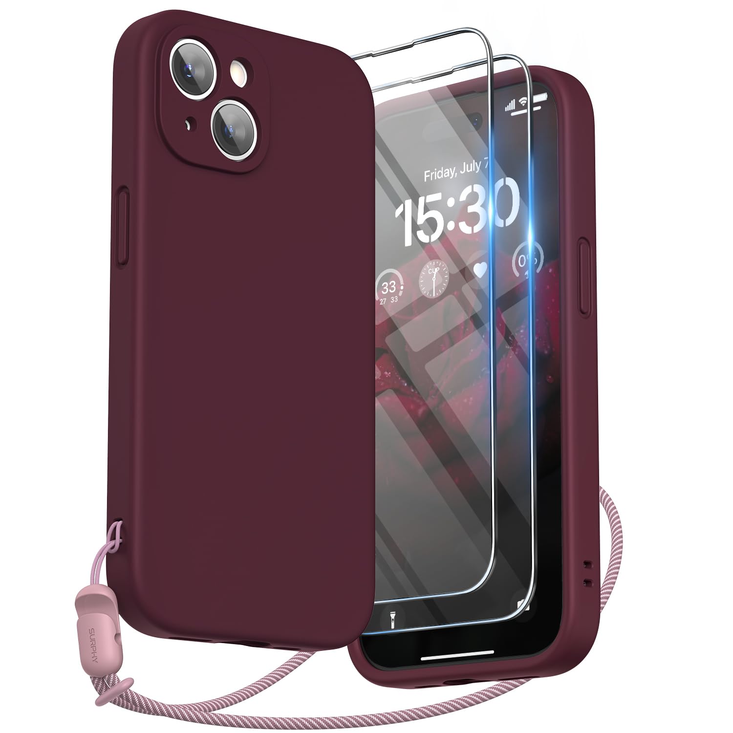 SURPHY Design for iPhone 15 Case, Liquid Silicone Protection for Each Lens [2 x Screen Protectors & 1 x Lanyard] Shockproof Cover for iPhone 15 6.1 inch 2023, Plum