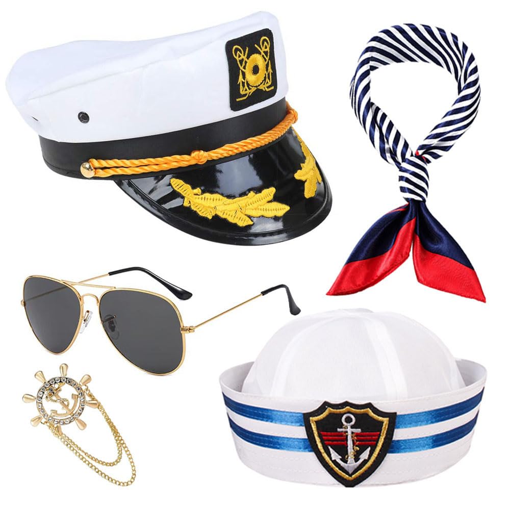 Pro-Noke Yacht Captain Hat Costume Accessories Set Sailor Hat Scarf Adjustable Boat Sailor Ship Skipper Cap w/t Aviator Sunglasses & Anchor Badge (5pcs)