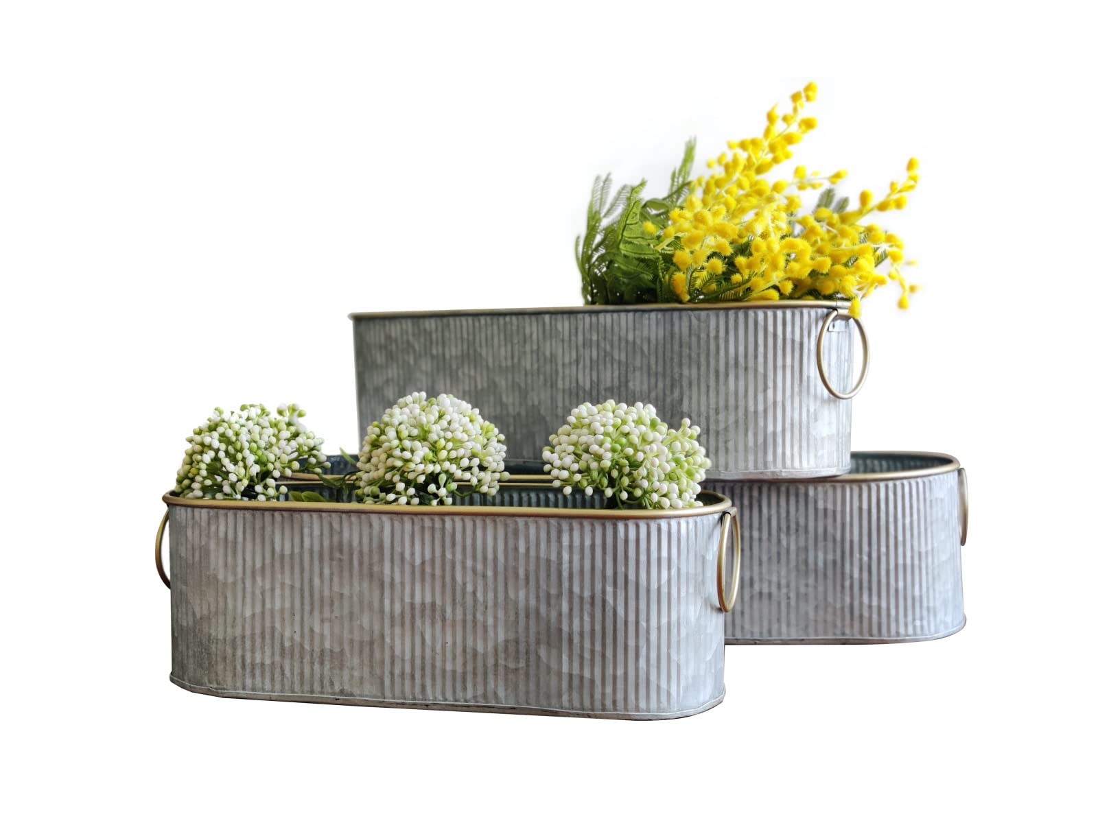 Dipamkar Set of 3 Vintage Long Oval Galvanized Metal Garden Trough Planters Windowsill Box Herb Pots Indoor Outdoor Plant Pots