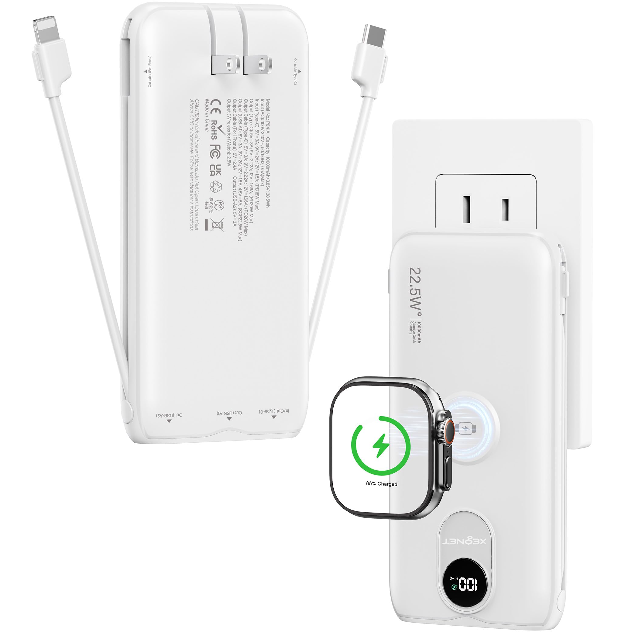Portable Charger, 10000mAh 22.5W Power Bank Fast Charging with Built in Cable & Wall Plug, Portable Phone Charger with Led Display, Travel Essentials Battery Pack for iPhone 17/16, iWatch 11/Ultra/SE
