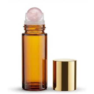 WAYDA Rose Quartz Essential Oil Roller Bottle, 50ml Refillable Amber Glass Roller Bottle for Essential Oils with Pink Gemston