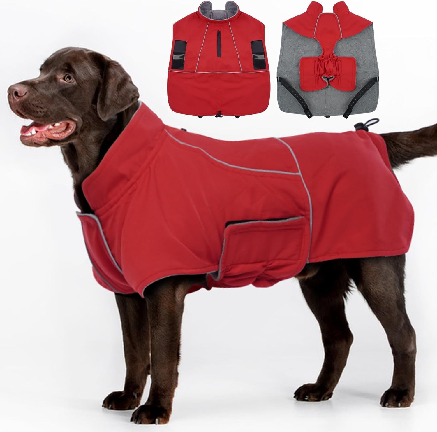 Katzinst Dog Coat Waterproof with Harness Hole, Reflective Fleece Lined Winter Coat, Red, 3XL